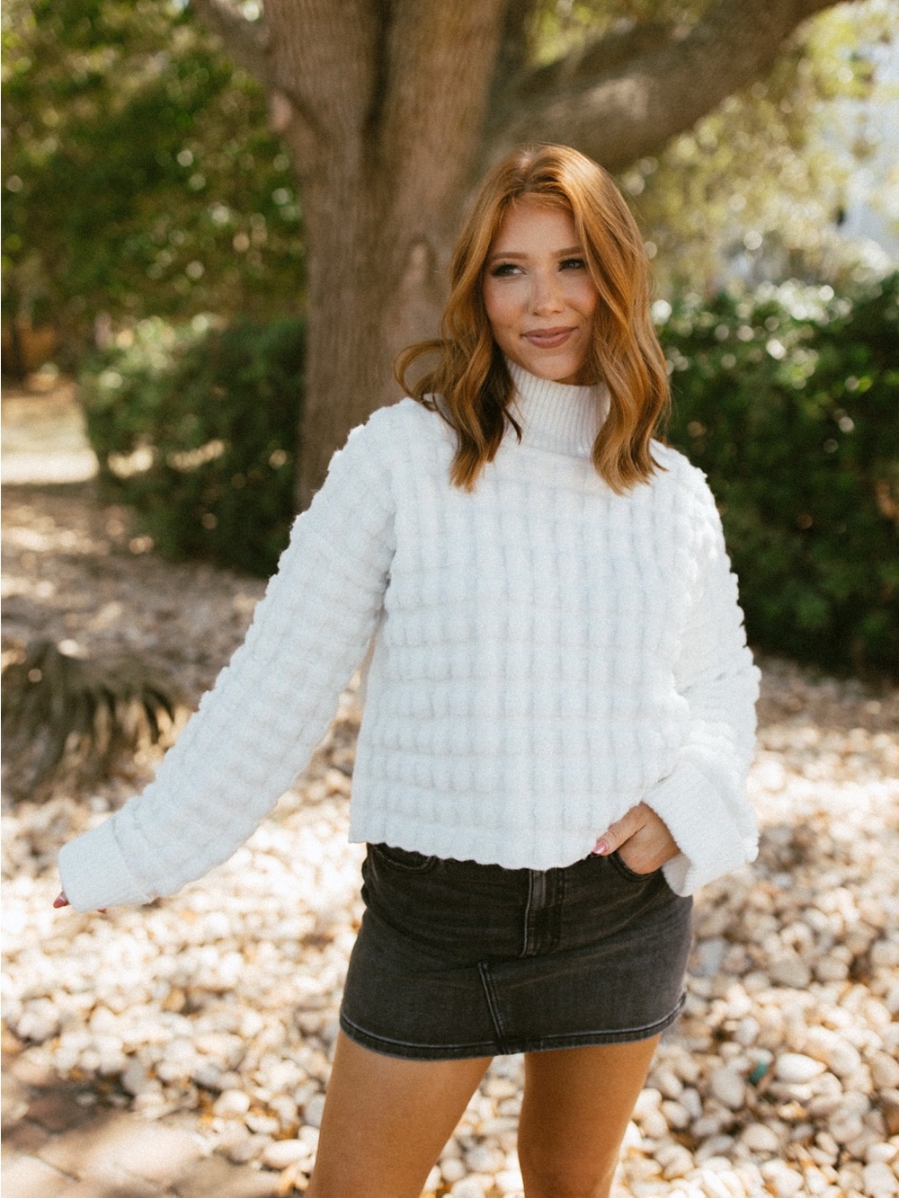 Cream Textured Ruffle Turtleneck Sweater